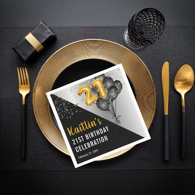 Servilleta De Papel Globos Elegante Negro | Fiesta del 21º cumpleaños  (Elegant Black Balloons and Gold Tone Balloon Numbers 21st Birthday Party Napkins)