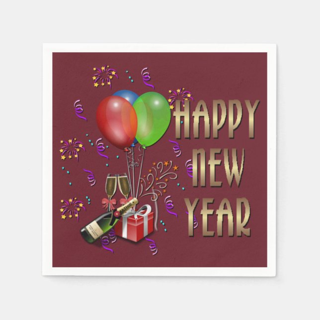 Servilleta De Papel Globos felices de Año Nuevo y servilletas de champ (Anverso)
