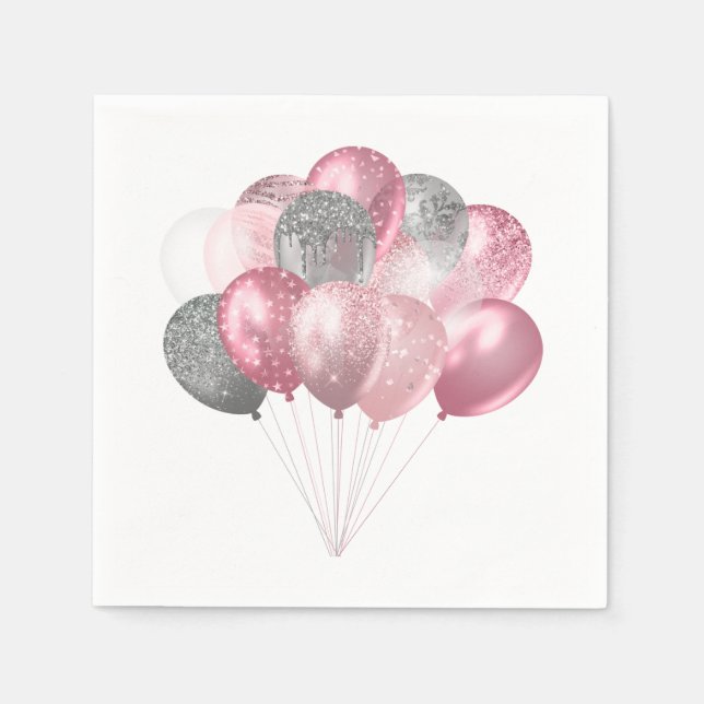 Servilleta De Papel Globos purpurinas rosa y plateado (Anverso)