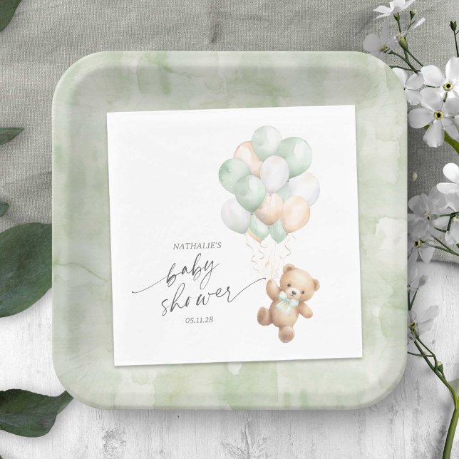 Servilleta De Papel Globos verdes envejecidos, prematuro esperar géner (Sage Green We Can Bearly Wait, Teddy Bear Themed Baby Boy Shower Napkin.)