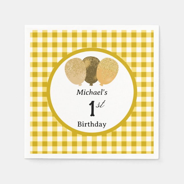 Servilleta De Papel Globos y Gingham Amarillo Cumpleaños 1 (Anverso)
