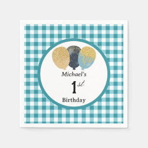 Servilleta De Papel Globos y Gingham Azul Teal para el 1er Cumpleaños