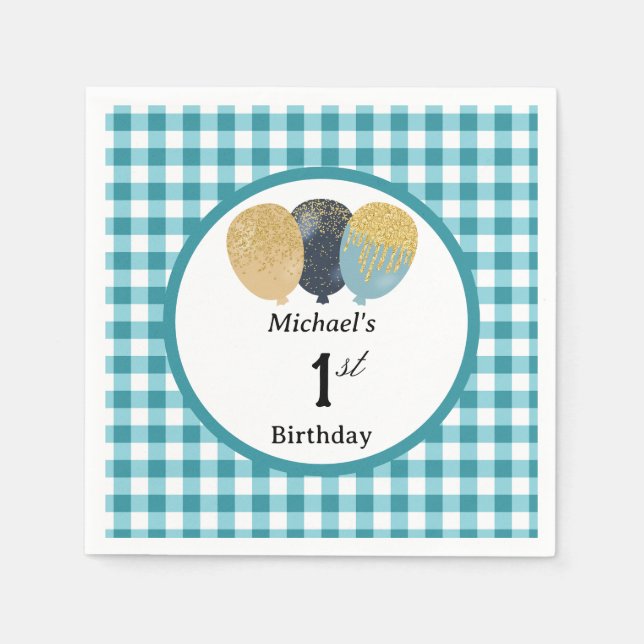 Servilleta De Papel Globos y Gingham Azul Teal para el 1er Cumpleaños (Anverso)