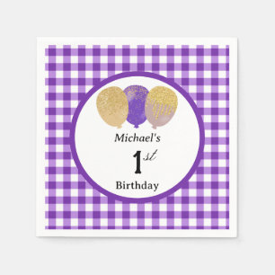 Servilleta De Papel Globos y Gingham Morado Cumpleaños 1