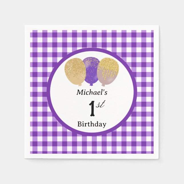 Servilleta De Papel Globos y Gingham Morado Cumpleaños 1 (Anverso)