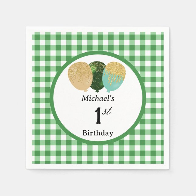 Servilleta De Papel Globos y Gingham Verde Cumpleaños 1 (Anverso)