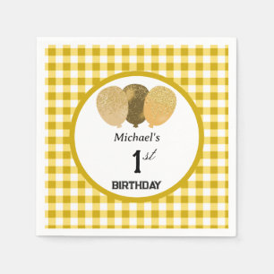 Servilleta De Papel Globos y Yellow Gingham Primer cumpleaños