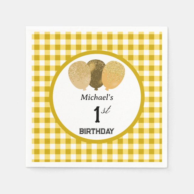 Servilleta De Papel Globos y Yellow Gingham Primer cumpleaños (Anverso)