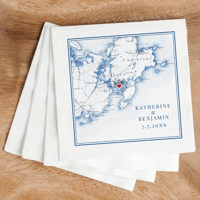 Servilleta De Papel Gloucester Massachusetts Mapa una elegante boda (These Gloucester wedding napkins are perfect for your destination wedding to Cape Ann, Massachusetts)