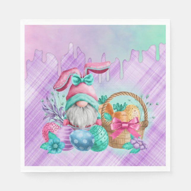 Servilleta De Papel Gnome De Conejo De Pascua Con Huevos De Cesta (Anverso)