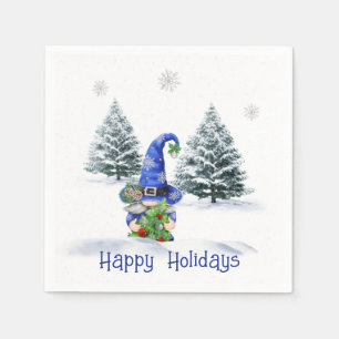 Servilleta De Papel Gnome de Navidades azules con árbol
