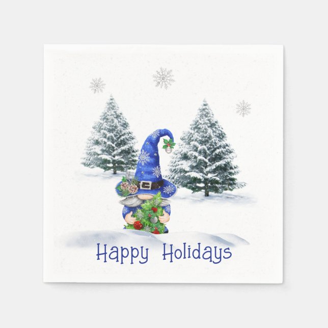 Servilleta De Papel Gnome de Navidades azules con árbol (Anverso)