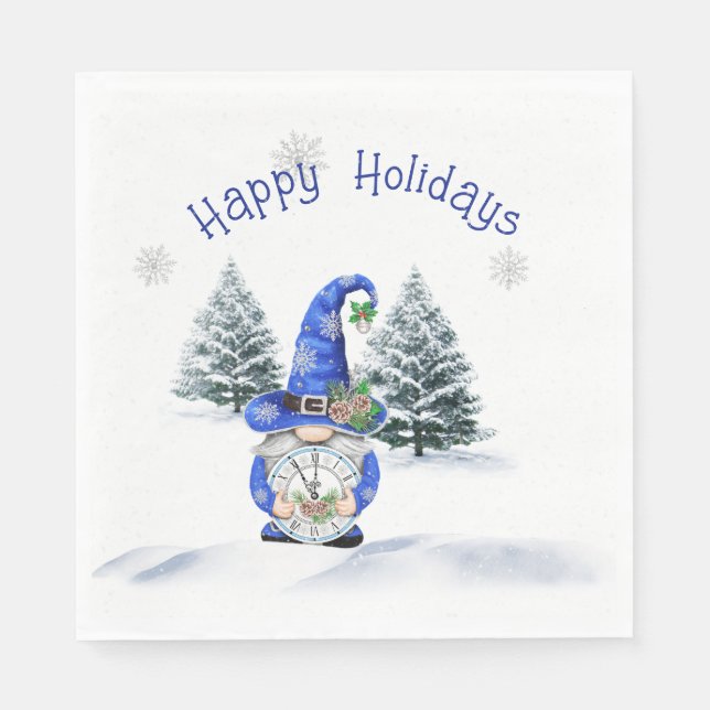 Servilleta De Papel Gnome de Navidades azules con reloj (Anverso)