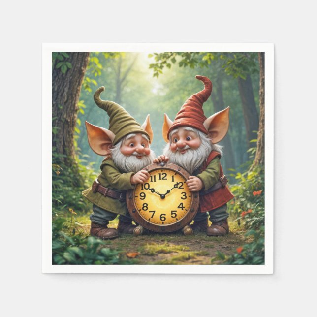 Servilleta De Papel Gnomes Forestales Con Reloj Antiguo (Anverso)