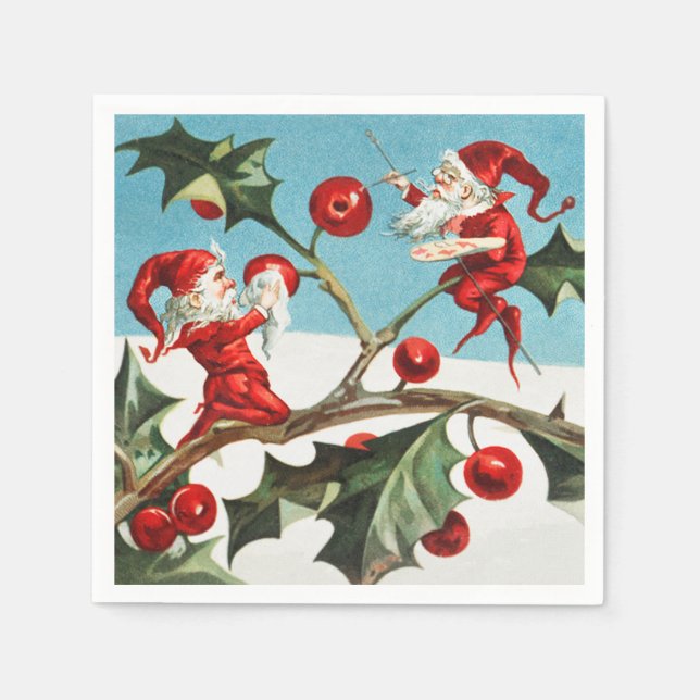 Servilleta De Papel Gnomes painting holly berries in the snow (Anverso)