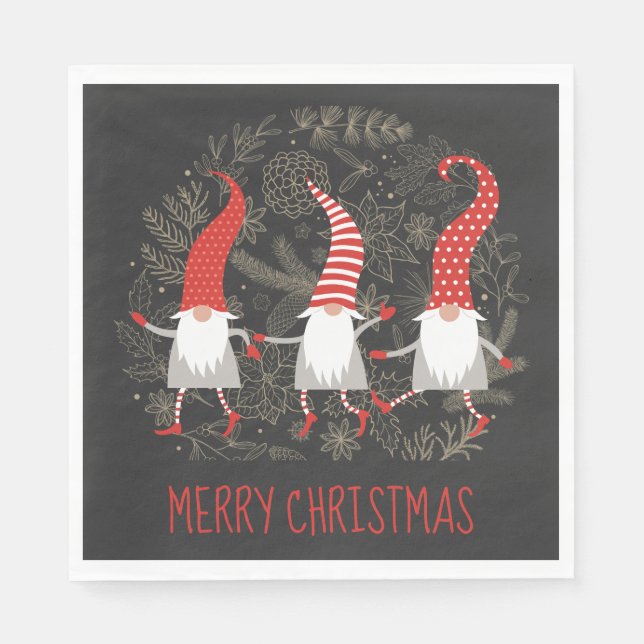 Servilleta De Papel Gnomes Whimsical Merry Christmas Red Black (Anverso)