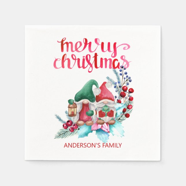 Servilleta De Papel Gnomis con Gorras rojos y verdes (Anverso)