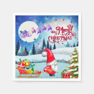 Servilleta De Papel Gnomo Navideño Nevado y Regalos del Trineo de Sant
