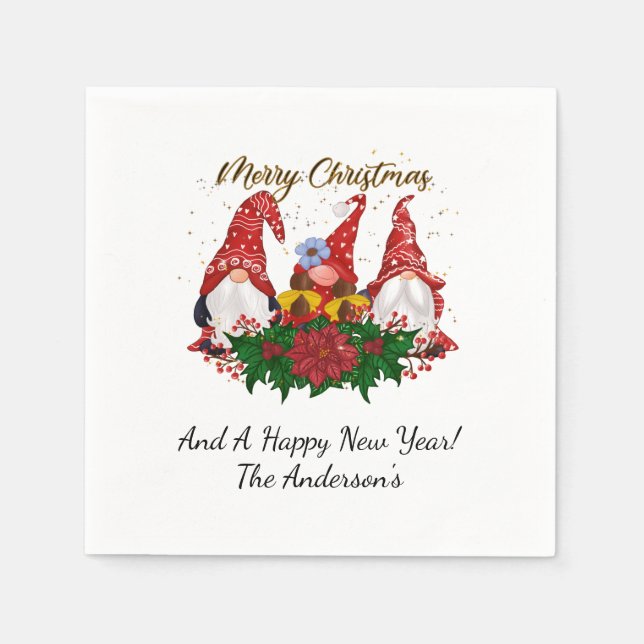 Servilleta De Papel Gnomos de Navidad Poinsettia Bosque Caprichoso  (Anverso)