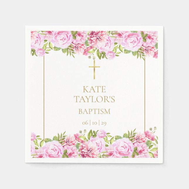 Servilleta De Papel Gold Baptism Christening Pink Roses Floral (Anverso)