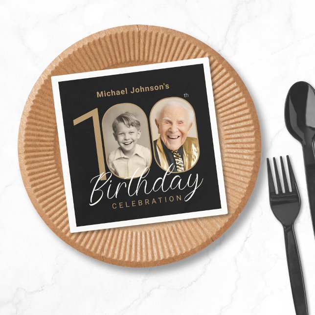Servilleta De Papel Gold Black Elegant Photo 100th Birthday Party (Mockup View)