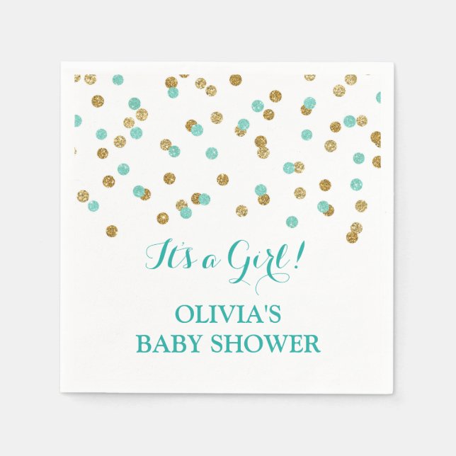 Servilleta De Papel Gold Blue Aqua Turquoise Confetti Baby Shower (Anverso)