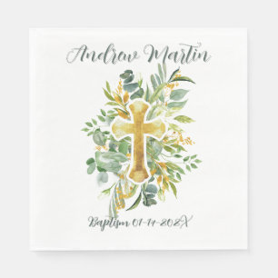 Servilleta De Papel Gold Cross Floral acuarela Bautismo Primera Comuni