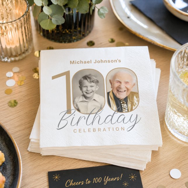 Servilleta De Papel Gold Elegant Custom Photo 100th Birthday (Gold Elegant Custom Photo 100th Birthday Napkins)