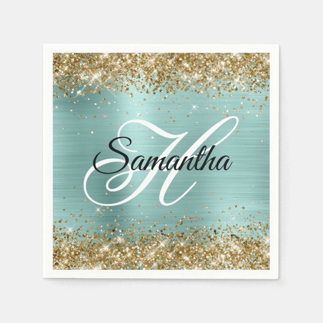 Servilleta De Papel Gold Glitter Pale Turquoise Foil Monogram (Anverso)