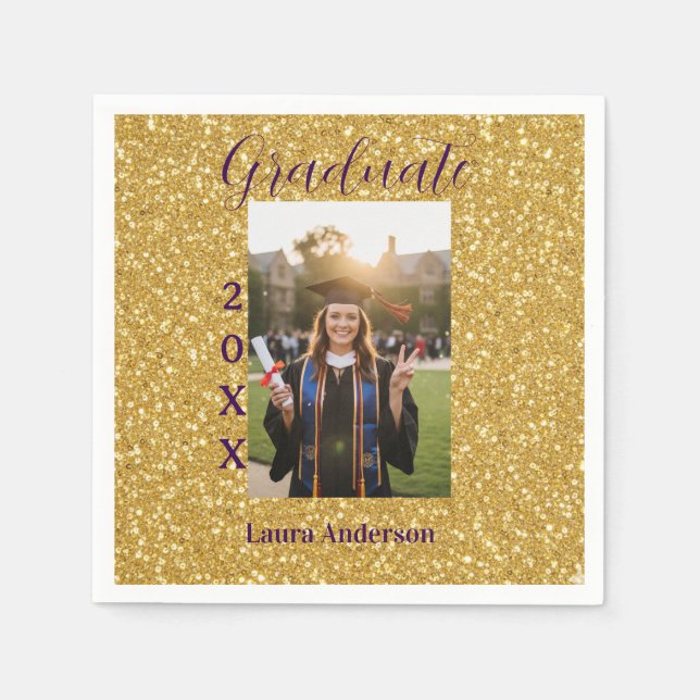 Servilleta De Papel Gold glitter photo graduation add name class text (Anverso)