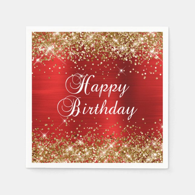 Servilleta De Papel Gold Glitter Red Foil Happy Birthday (Anverso)