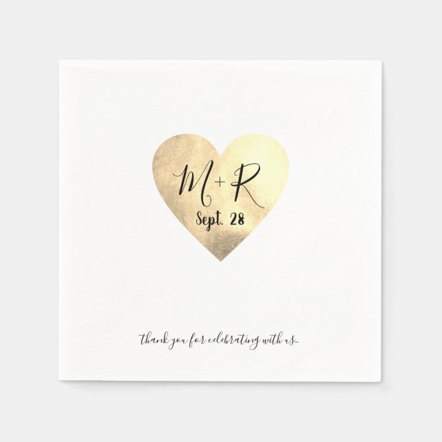 Servilleta De Papel Gold Love Heart con script Iniciales Boda (Anverso)