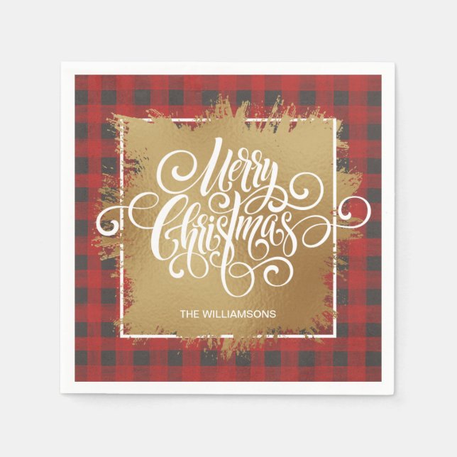 Servilleta De Papel Gold Merry Christmas Buffalo Plaid (Anverso)