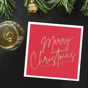 Servilleta De Papel Gold Merry Christmas on Red