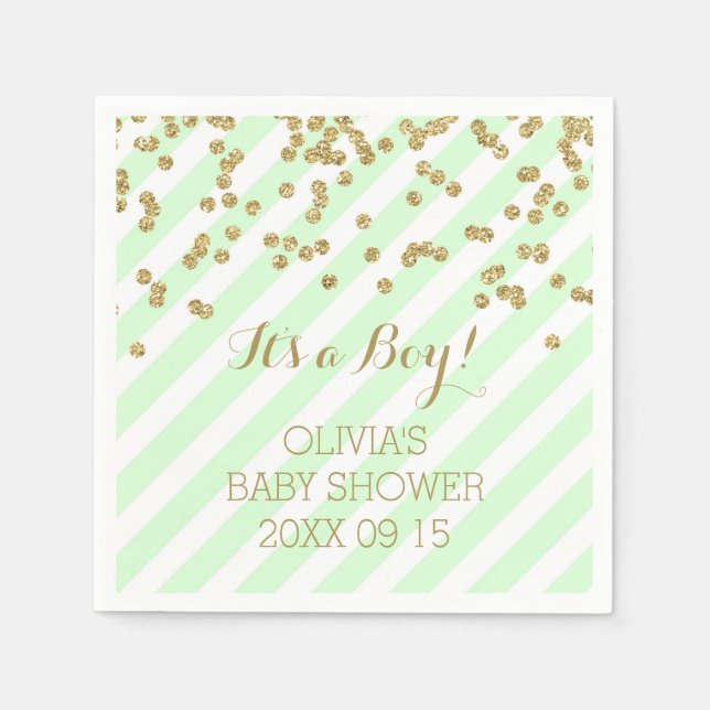 Servilleta De Papel Gold Mint Green Confetti Strips Baby Shower (Anverso)