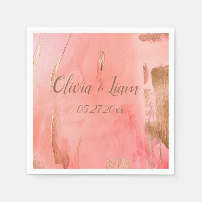 Servilleta De Papel Gold Peach Name Date Elegant Wedding (Anverso)