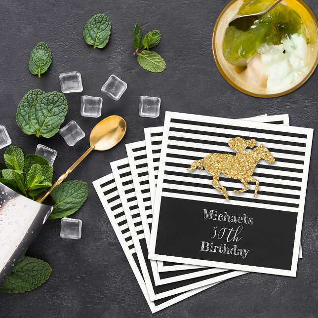 Servilleta De Papel Gold Racehorse Black White Stripes Cumpleaños (Gold racehorse and jockey on black and white stripes Derby  party cocktail napkins)