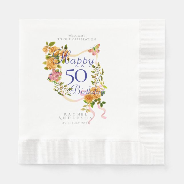 Servilleta De Papel Gold Rose Ribbon 50th Birthday (Anverso)