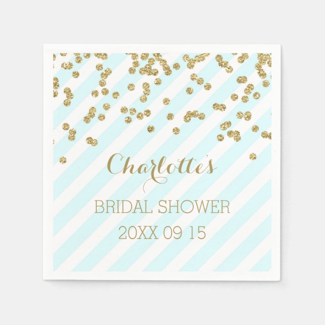 Servilleta De Papel Gold Sky Blue Confetti Stripes Brillante Shower (Anverso)