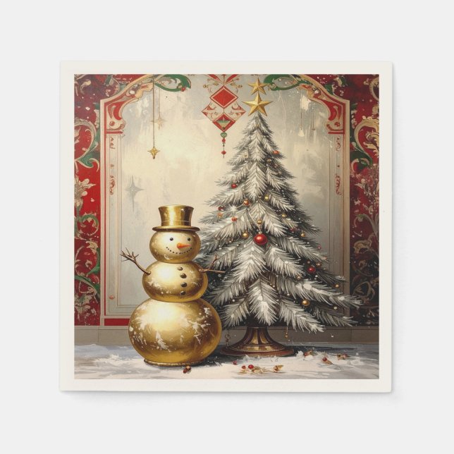 Servilleta De Papel Gold Snowman Christmas Tree Holiday Napkin (Anverso)