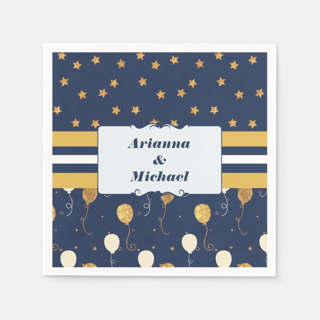 Servilleta De Papel Gold Star Balloons Navy Nombres personalizados per (Anverso)