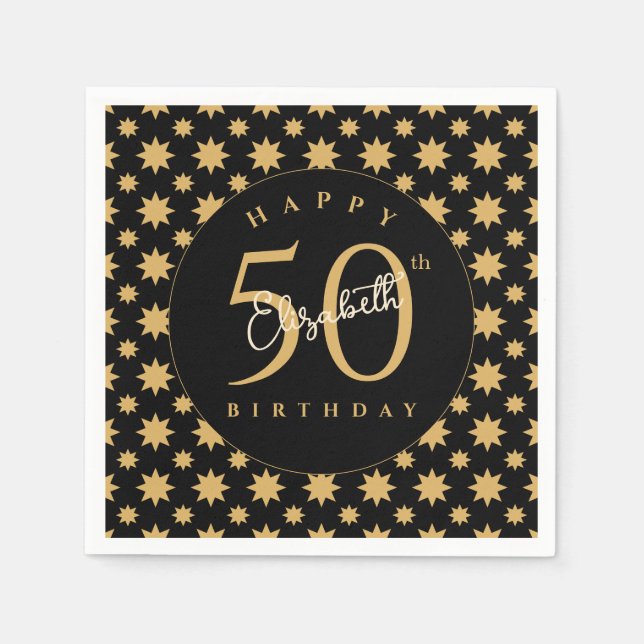 Servilleta De Papel Gold Stars 50th Birthday Custom Name  (Anverso)
