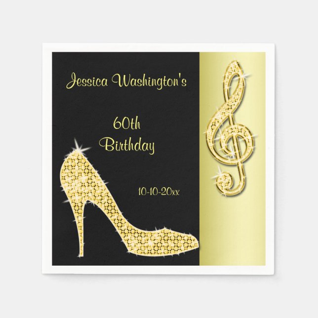 Servilleta De Papel Gold Stiletto & Treble Cleft 60 cumpleaños (Anverso)