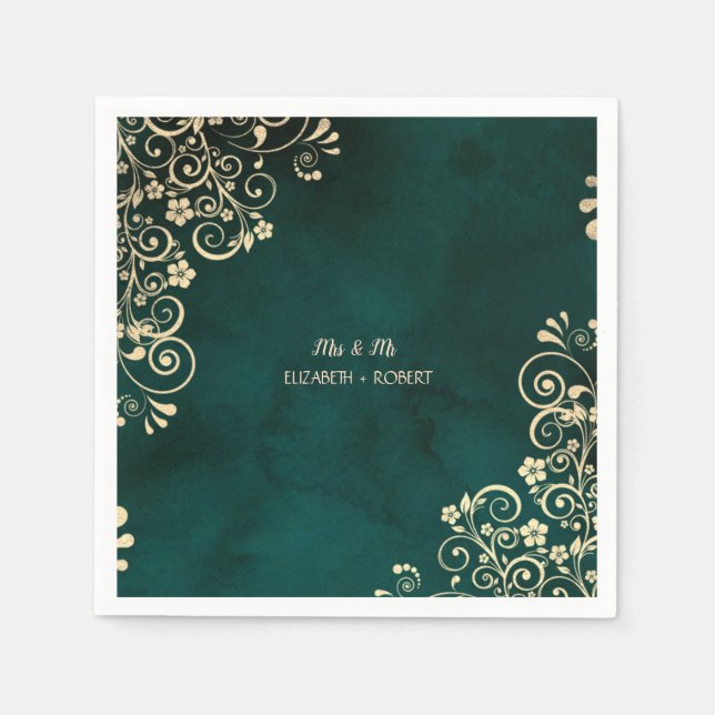 Servilleta De Papel Gold Swirls Emerald Green Wedding  (Anverso)