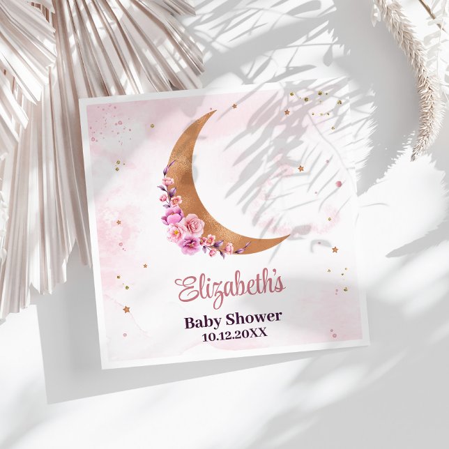 Servilleta De Papel Golden Floral Moon Baby Shower (Golden Floral Moon Baby Shower Napkins on a sunny white table.)