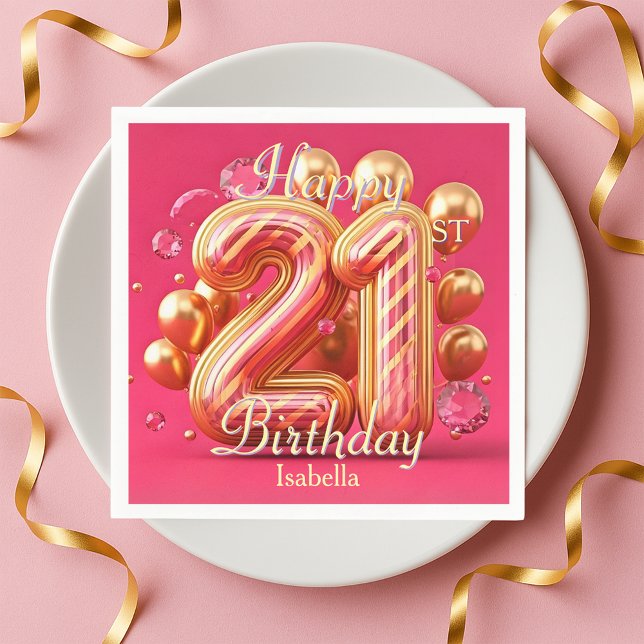 Servilleta De Papel Golden Pink Glam Chic 21st Birthday Balloons (Subido por el creador)