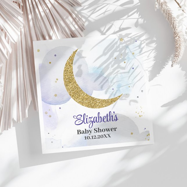 Servilleta De Papel Golden Purpurina Moon Baby Shower (Golden Glitter Moon Baby Shower Napkins on a sunny white table.)