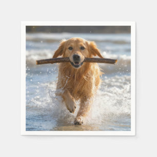 Servilleta De Papel Golden Retriever corriendo con un palo de playa