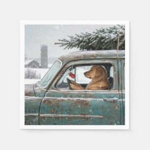 Servilleta De Papel Golden Retriever en un Coche Retro con Pino
