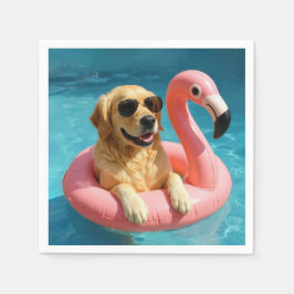 Servilleta De Papel Golden Retriever Floating On a Flamingo Pool Toy